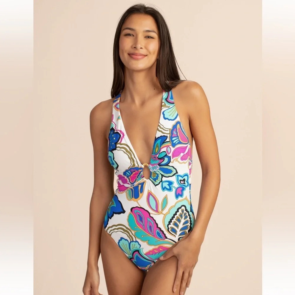 Trina Turk $162 Sz 6 Mandalay Floral Plunge One Piece Swimsuit Guc. - Picture 1 of 16